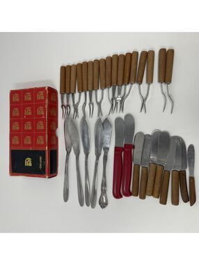 Vintage Deluxe Stainless Steel Cheese Cutlery Set Wood Handles Original Box